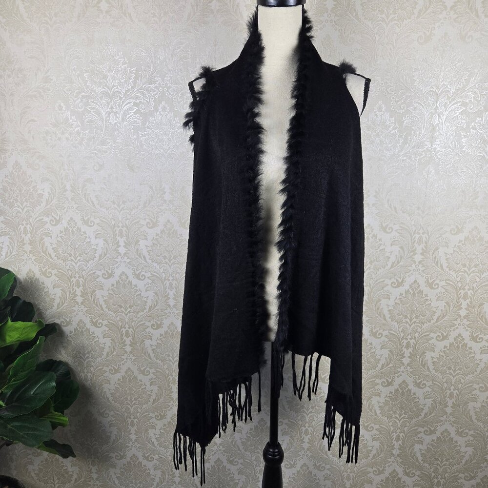 Tracy Lynn Size Large Black Vest Rabbit Fur Trim Fringe Bottom Waterfall Front